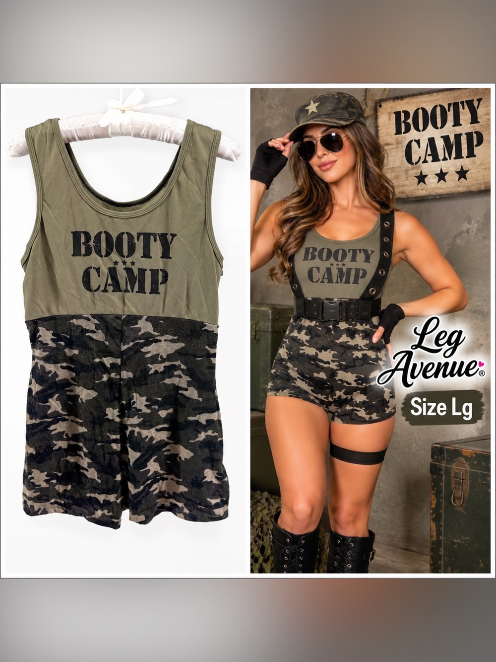 Leg Avenue Booty Camp Cutie Costume Women’s L Camo Romper Harness Hat Garter